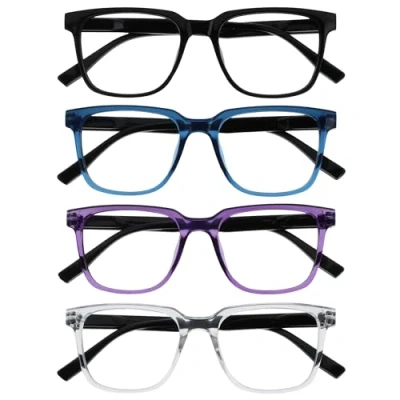 Image of OPULIZE LEO Reading Glasses 4 Pack Large Rectangular Frame Black, Blue, Purple, Clear Mens Womens Spring Hinges RRRR55 135C +2.50
