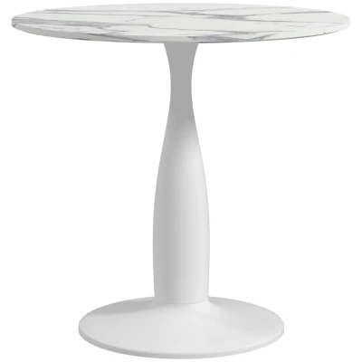 Image of HOMCOM Round Dining Table for 2, Modern Kitchen with Steel Base, Non slip Foot Pad Living Room, Faux Marbled White