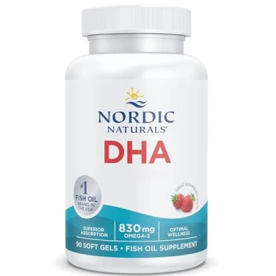 Image of Nordic Naturals, DHA, 830mg Omega 3, Fish Oil with EPA and Strawberry Flavour, 90 Softgels, Lab Tested, Soy Free, Gluten Non GMO