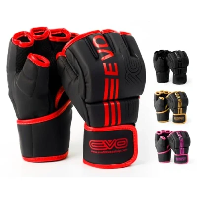 Image of EVO Fitness Matte Black MMA Gloves Martial Arts Mitts Grappling Sparring Men Muay Thai Cage Fighting Boxing Combat Sports Women pink UFC Punching Bag Training (Large, Red)