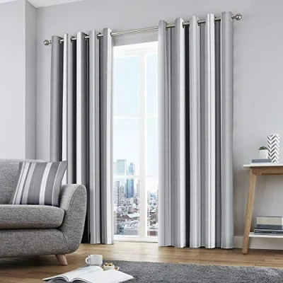 Image of Fusion Grey Stripe Curtains W66 x L54&quot; (168 137cm) 2x Panels 100% Cotton Eyelet &amp; Drapes for Bedroom Living Room Stripes in Matching Cushion Available