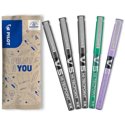 Image of PILOT Set of 5 V5 Liquid Ink Roller Pen with Fine Tip for Smooth and Precise Writing Quick Drying, No Bleed 3 Black, 1 Green, Purple (0.5 mm)