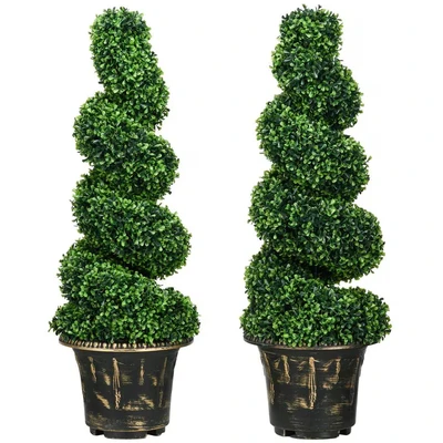 Image of HOMCOM Set of 2 Decorative Artificial Plants Topiary Spiral Boxwood Trees in Pot, Fake for Home Indoor Outdoor Decor, 90cm