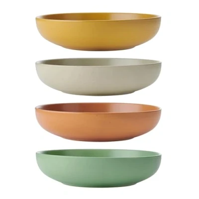 Image of KitchenCraft Idilica Stoneware Pasta Bowls, Set of 4 Ceramic Shallow Dinner Microwave and Dishwasher Safe, Assorted Colours