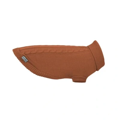 Image of Record Willy Dog Jumper. High Neck Sweater, Cable Pattern, Leash Hole and Elastic Leg Band. Brown, XXS Back Length 25 cm