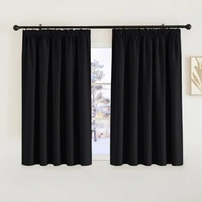 Image of PONY DANCE Blackout Thermal Curtains Black Short Pencil Pleat Curtain for Bedroom Halloween Decor Insulated Window Treatments Light Blocking, Room Darkening, 2 Panels, W66 X L54,
