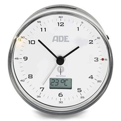 Image of ADE Radio Alarm Clock Analogue CK 2022 (Silent without Ticking, Thermometer, Date and Snooze Function, 8.2 cm Diameter), ABS Plastic, Black White,
