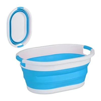 Image of Relaxdays Laundry Basket Foldable, 24 litres, Plastic Tub, Space Saving Folding with Handles, Blue and White, x 53 38 cm