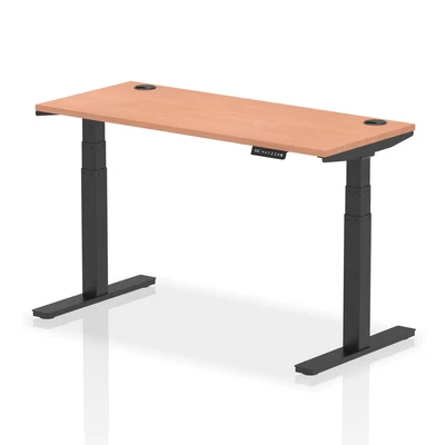 Image of Air 1400x600mm Height Adjustable Desk Beech Top Cable Ports Black Leg