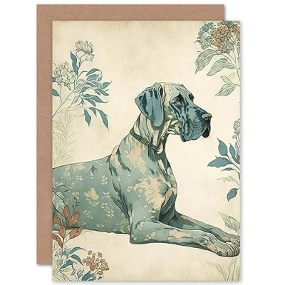 Image of Artery8 Blue Great Dane Dog with Flower Pattern Fur Coat Modern Illustration Art Birthday Sealed Greeting Card Plus Envelope Blank inside