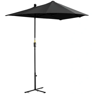 Image of Outsunny 2m Half Parasol Market Umbrella Garden Balcony with Crank Handle, Cross Base, Double Sided Canopy, Black