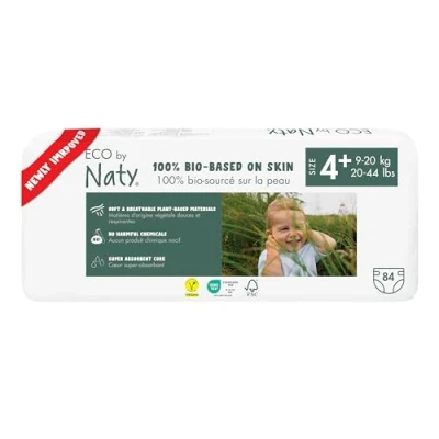 Image of Eco by Naty Friendly Baby Nappies 100% Plant Based Materials on Skin, Soft, for Sensitive Skin &amp; Super Absorbent (Size 4+, 84 Count)