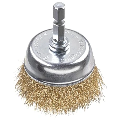 Image of kwb 6091 10 pot brush, fine, brass wire, Ø 50 mm for metal and stone, wire brush drilling machine incl. E6.3 hexagonal shaft, derusting, descaling, roughening cleaning