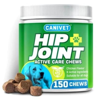 Image of dog joint Care Supplements 150 Chews With Green Lipped Mussel, Glucosamine &amp; Chondroitin, Hemp Oil, MSM, Hyaluronic Acid, Manganese and Vitamins for care. Aids stiff joints.