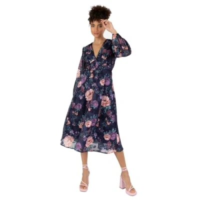 Image of Anaya with Love Womens Midi Ladies Long Sleeves V Neck Floral Print A line for Wedding Guest Evening Occasion Party Dress, Navy, 14 UK
