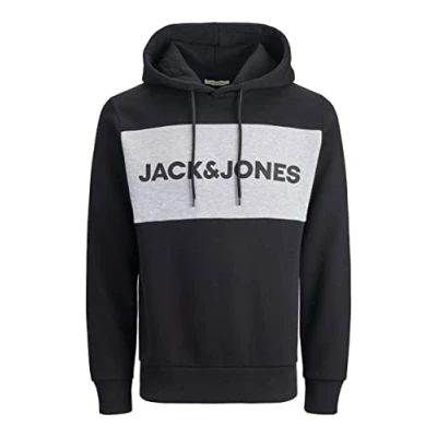 Image of JACK &amp; JONES JJELOGO Men&#039;s Blocking Sweat Hood Noos 12172344, Black Reg, M