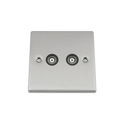 Image of TV Coaxial Aerial Socket Double 2 Gang Satin Chrome Black Square