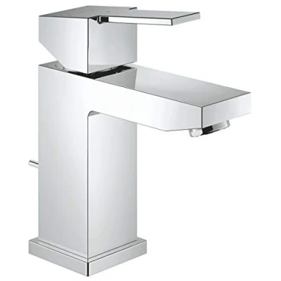 Image of GROHE Sail Cube Basin Mixer Tap with Pop Up Waste Set (28 mm Ceramic Cartridge, Energy Saving Function via Cold Start, Water Mousseur 5.7 l/min, Tails 3/8 Inch), Size 155 mm, Chrome, 23435000