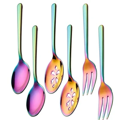 Image of Enwinner Serving Spoons2 Slot Spoons 2 Forks2 Buffet Colander Stainless Steel Banquet Set, Set of 6. Lenght 9&quot; (6 rainbow spoon forks set)