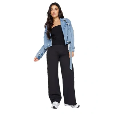 Image of PixieGirl Black Leopard Print Side Stripe Wide Leg Trousers Petite