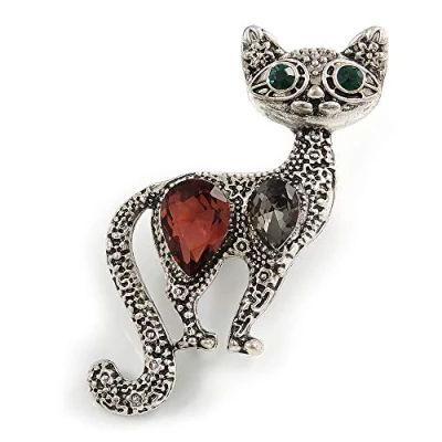Image of Avalaya Vintage Inspired Textured Crystal Cat Brooch in Aged Silver Tone Metal 50mm Tall