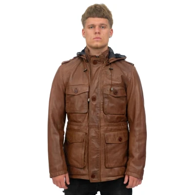 Image of Men&#039;s Tan Hooded Leather Multi Pocket Duffle Trench Coat with Drawstring S