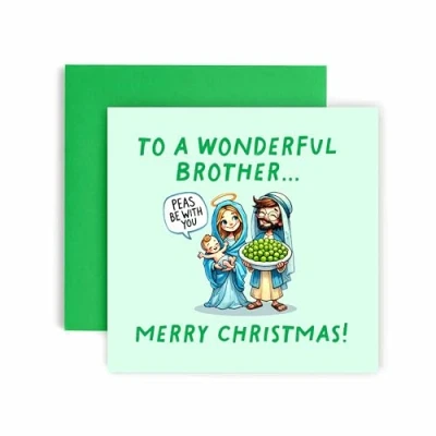 Image of Huxters Christmas Cards for Men Peas be with you Mary Jesus Brother Card him Funny Holiday Fun 14.8cm (Brother)