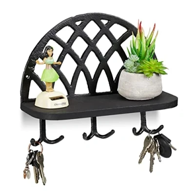 Image of Relaxdays Coat Rack, Shelf &amp; Hooks, Vintage Key Storage, Cast Iron, Wood, HWD: 23x27x12 cm, Black, Pack of 1