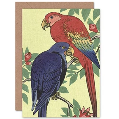 Image of Artery8 Ohara Koson Red And Blue Parrot Japanese Painting Fine Art Greeting Card Plus Envelope Blank Inside