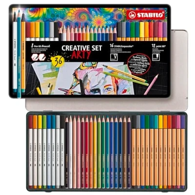Image of Pen Set STABILO Creative point 88, 68 brush, STABILOaquacolor ARTY Tin of 36 Assorted Colours