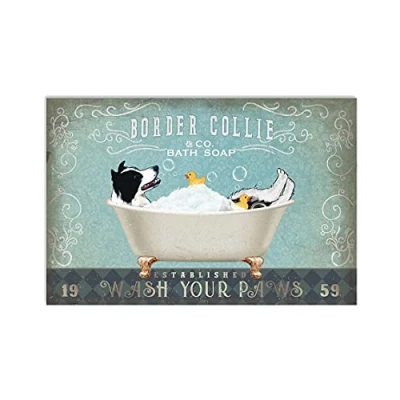Image of TNND Border Collie Puppies On The Bathroom Metal Sign Art Tin Poster Gift 8x12 inch