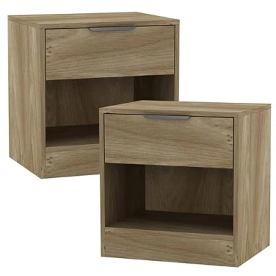Image of URBNLIVING 2 Pcs 1 Drawer Bedside Oak Table Nightstand Shelf File Cabinet Storage for Bedroom Wooden Furniture Modern Sofa Side End Compact Unit Living Room, H46.5cm x W45cm D35cm