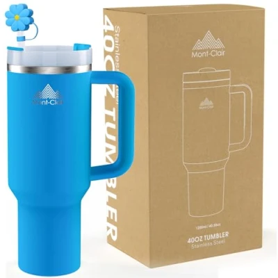 Image of Mont Clair 40oz Tumbler with Straw and Lid Insulated Stainless Steel Travel Mug Handle Thermos for Hot &amp; Cold Drinks or 10 Hours Iced 48 1200ml Blue