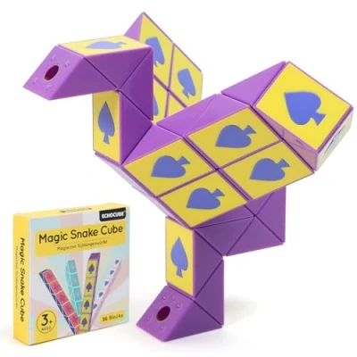 Image of ECHOCUBE Magic Snake Cube with Poker Themed, 36 Blocks Speed Party Bag Fillers for Kids, Twist Puzzle Toys Educational Fidget Favours (Purple)