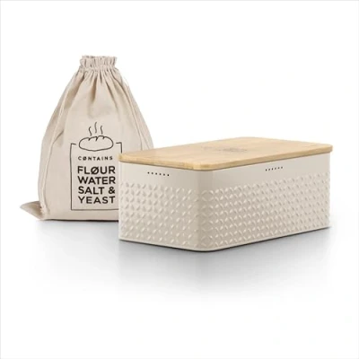 Image of LARS NYSØM Bread bin I Metal box with linen bag for long lasting freshness bamboo lid usable as cutting board 13.4x7.3x5.3In (Taupe Brown)