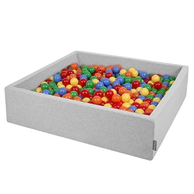 Image of KiddyMoon Soft Ball Pit Square 120X30cm/300 Balls ∅ 7Cm / 2.75In For Kids, Foam Pool Baby Playballs Children, Made In EU, Light Grey:Yellow Green Blue Red Orange