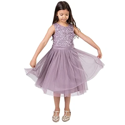 Image of Maya Deluxe Girl&#039;s Midi Dress Sequins Embellished Party Tutu Bridesmaids Wedding with Belt Bow, Moody Lilac, 11 Years