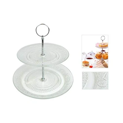 Image of YöL 2 Tier Cake Stand Glass Muffin Cupcake Embossed Afternoon Tea Serving Platter