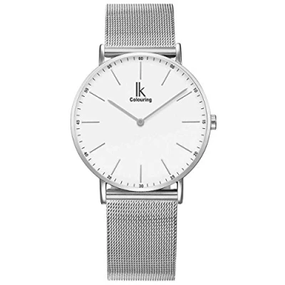 Image of Alienwork IK Watch Men Women Silver Metal Mesh Strap White Ultra Thin