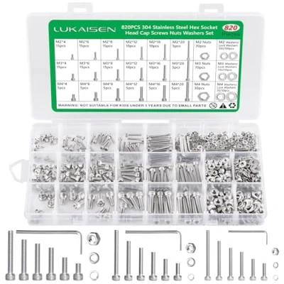 Image of Screws and Nuts, 820PCS M2 M3 M4 Metric Screw Assortment, 304 Stainless Steel Bolts Nuts Assortment Kit, Hex Socket Head Cap Flat Washers Spring Kit with 3 Wrenches