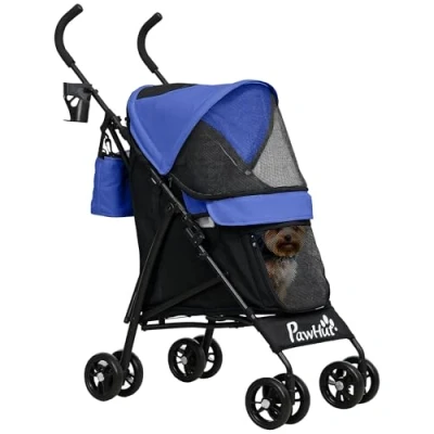 Image of PawHut Pet Stroller for Miniature Dogs, Foldable Dog Lightweight &amp; Portable with Shoulder Strap, 4 Wheels Umbrella Structure Pram Storage Bag Cup Holder, Dark Blue