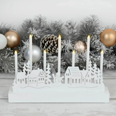 Image of Mr Crimbo 7 Light Christmas Candle White Wooden Silhouette Decoration LED 32cm Village