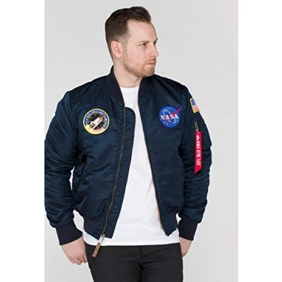 Image of Alpha Industries MA1 VF NASA Bomber Jacket, Men&#039;s, Size: Large, Replica blue