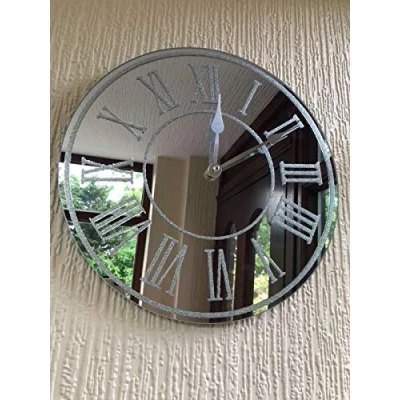 Image of DEENZ Round SILVER SPARKLE GLITTER MIRRORED WALL CLOCK ROMAN NUMBER GLASS NEW