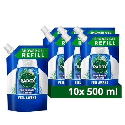 Image of Radox mineral Therapy Feel Awake 2 in 1 Body Wash &amp; Shampoo Eco Refill Shower Gel with a sea fennel fragrance for refreshing experience 10x 500 ml