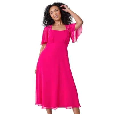 Image of Roman Petite Womens Shimmer Pleated Chiffon Midi Dress Pink Size 14 UK
