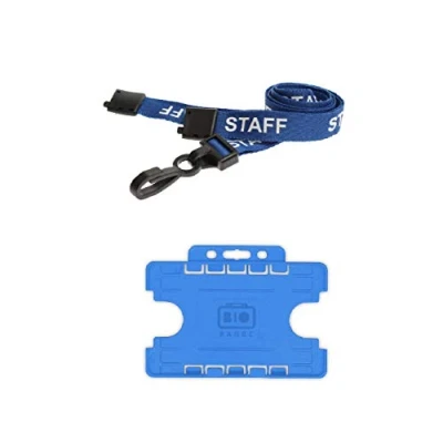 Image of ID Badge Card Pass Name Holder Double Sided for Two Credit Sized Cards and 15mm Staff Neck Strap Lanyard with Safety Breakaway Plastic Clip Work, School, Office Accessories, Nurses Blue