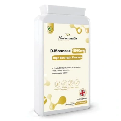 Image of Pharmanostix D Mannose 500mg Per Capsule High Strength Daily Serving (1500mg) 180 Vegan Friendly Capsules (Not Tablets) 100% Natural Premium Suitable for Vegans Made in The UK