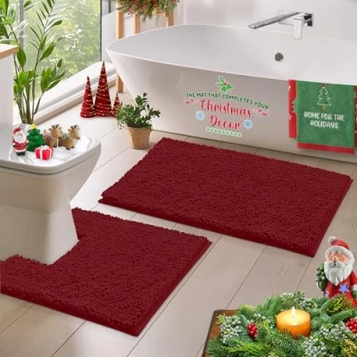 Image of LuxUrux Bath Mat Set Non Slip Bathroom and Square Cut Out Pedestal for Toilet Perfect Modern Décor. (Maroon, 50 x 80 cm + Shaped cm)