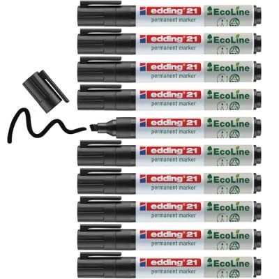 Image of edding 21 Ecoline permanent marker black box of 10 round tip 1.5 3 mm waterproof, quick drying, smear proof pens for cardboard, plastic, glass, wood, metal and fabric refillable